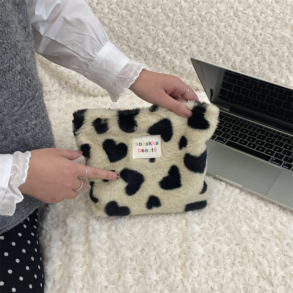 Polka Dot Plushed Large Capacity Make Up Bag