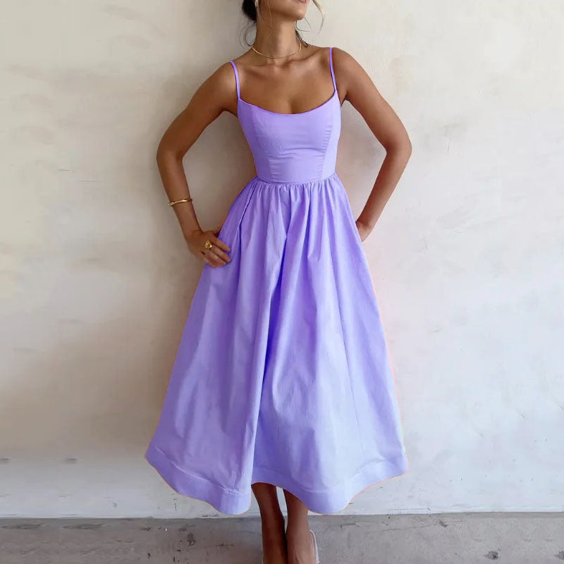 New Women's Casual A-Line Dress Solid Color Pleated Maxi Dress