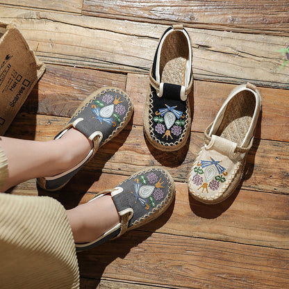 Summer New Ethnic Style Women'S Single Shoes Lazy One Step Round Toe Thick Sole Cotton Hemp Embroidered Shoes