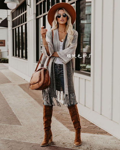 Women'S Sweater Fringed Knitted Sweater Batch Shoulder Coat Women