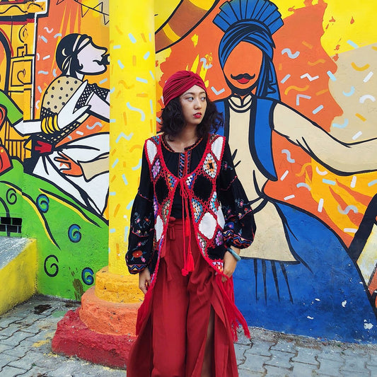 Retro Ethnic Embroidery Exotic Loose Lantern Sleeve Fringed Top