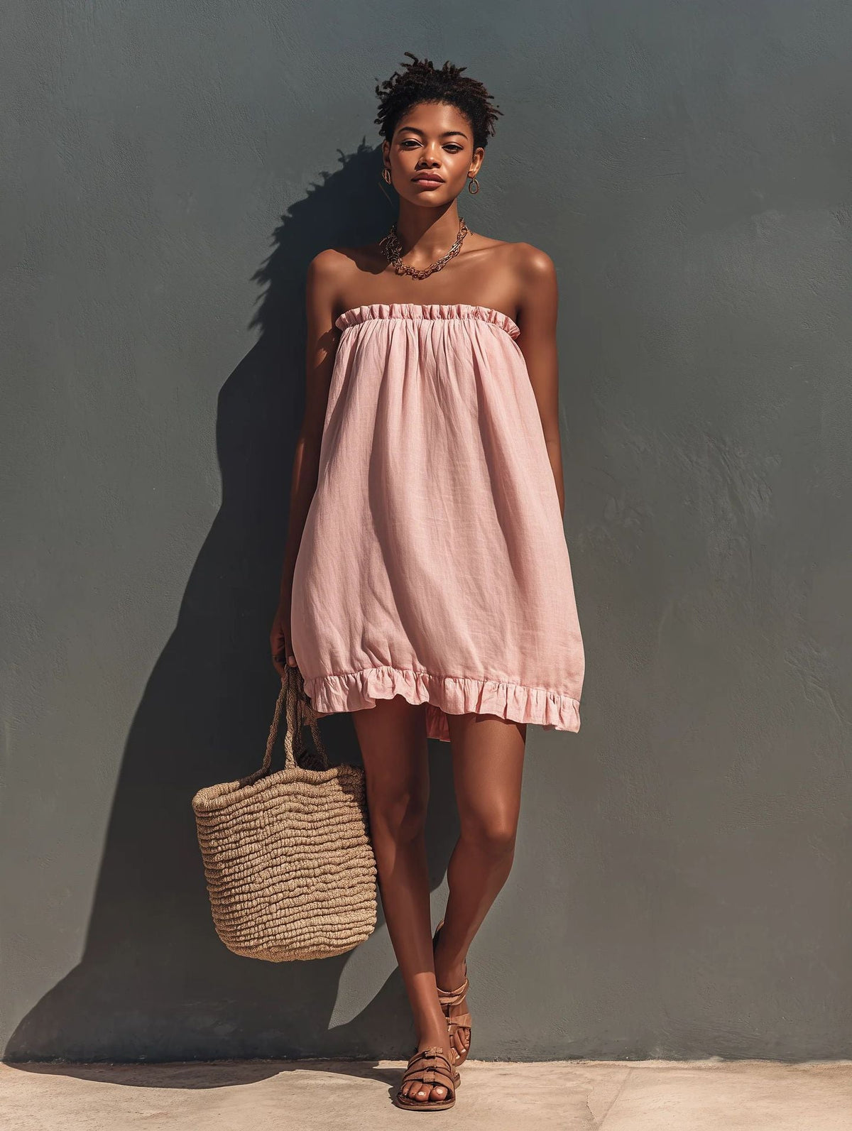 Linen Strapless Ruffle Trim Loose Tent Mini Dress