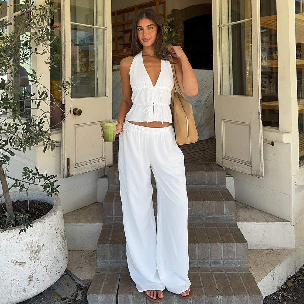 Cotton Tie-Back Sleeveless Top And Wide-Leg Pants Set