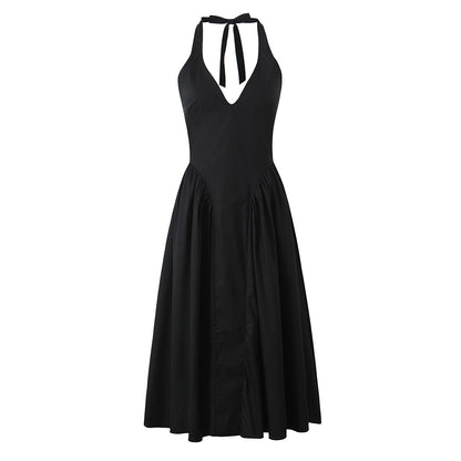 Solid Color Halter V-Neck Ruffle Maxi Dress