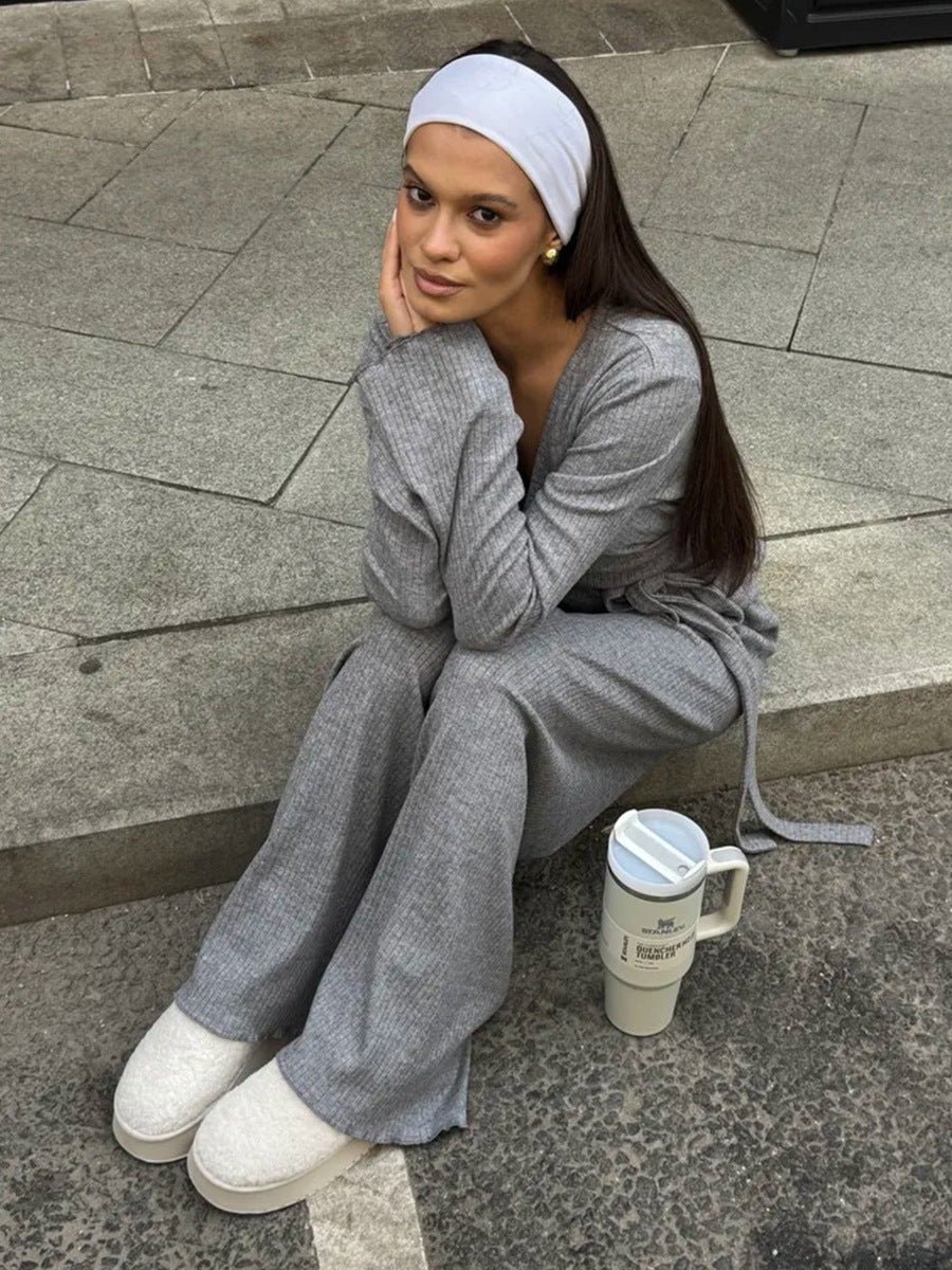 V-Neck Knit Long Pants Set Stylish Casual Outfit
