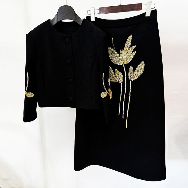 Floral Embellished Jacket & Skirt Set Elegant Streetwear