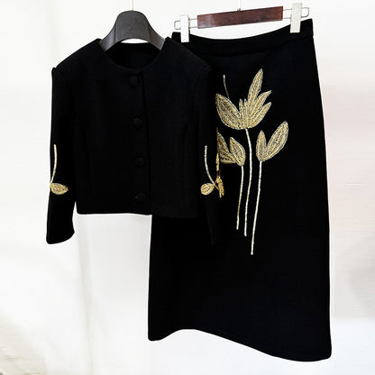 Floral Embellished Jacket & Skirt Set Elegant Streetwear