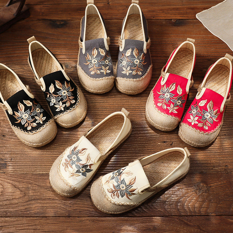 New Cloth Shoes Women'S Hand Wrapped Hemp Edge Pvc Soft Sole Overshoes Ethnic Style Shallow Mouth Embroidered Shoes