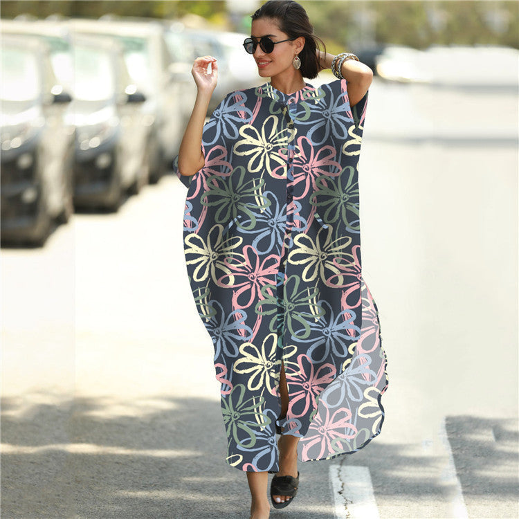 Four-Sided Elastic-Printed Beach Blouse Loose Pocket Single-Breasted Vacation Dress