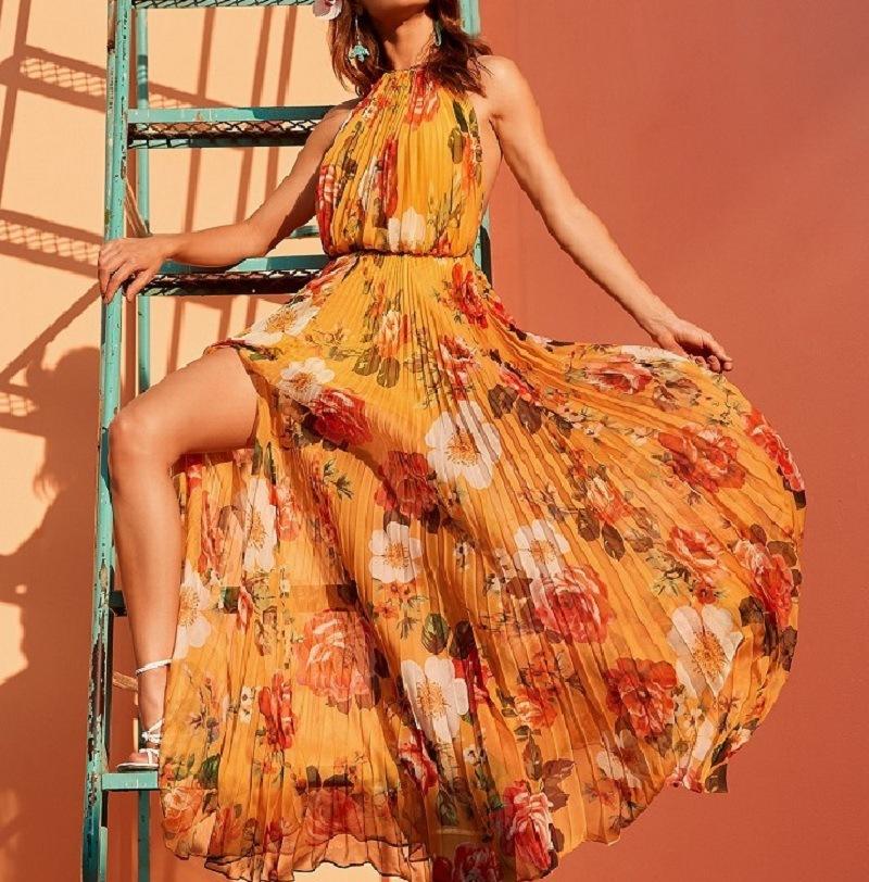 Hanging Neck Bare Back Broken Flowers Pleated Big Swing Chiffon Dress Sleeveless Dress