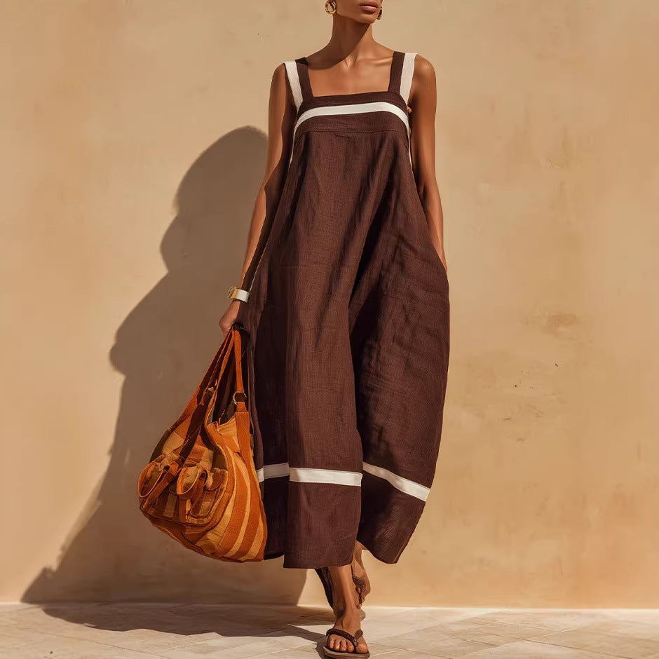 Linen Contrast White Stripe Square Neck Midi Skirt Set