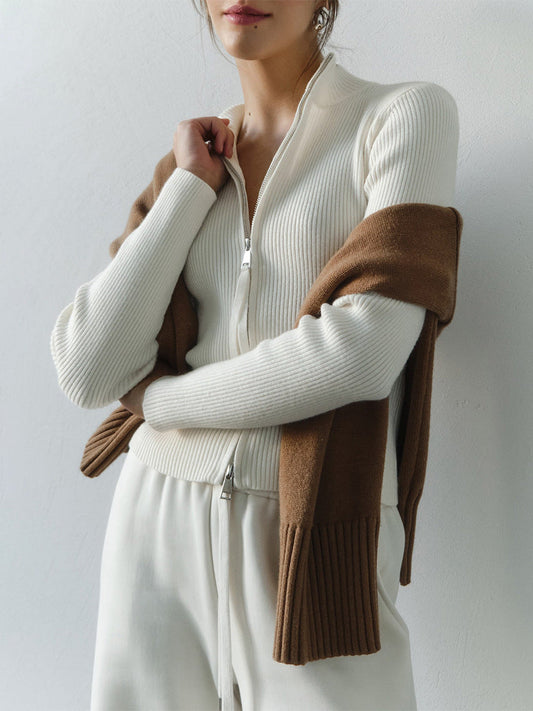 Casual Long Sleeve Cardigan Zipper Knit Jacket for Women