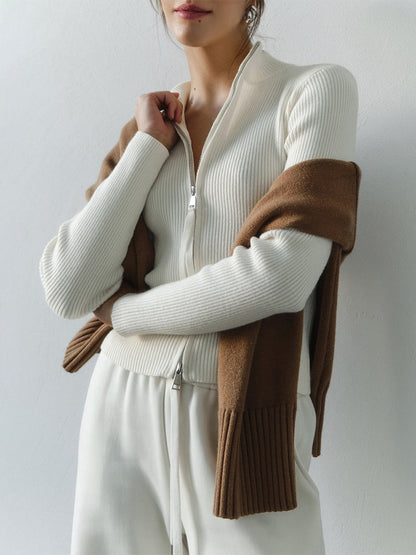 Fitted Long Sleeve Cardigan with Zipper Cozy Knit Outerwear