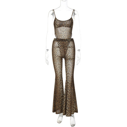 Sensual Leopard Print Bodysuit and Flared Pants Set