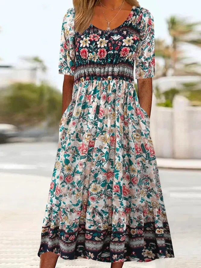 Summer New Women'S Round Neck Short Sleeve Long Skirt Bohemian Print Dress