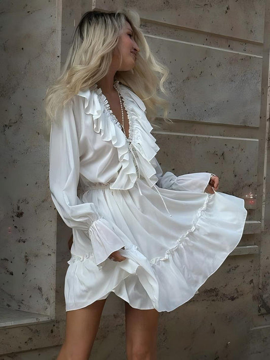 V-Neck Flare Sleeve Chiffon Dress Casual Elegant Short Dress