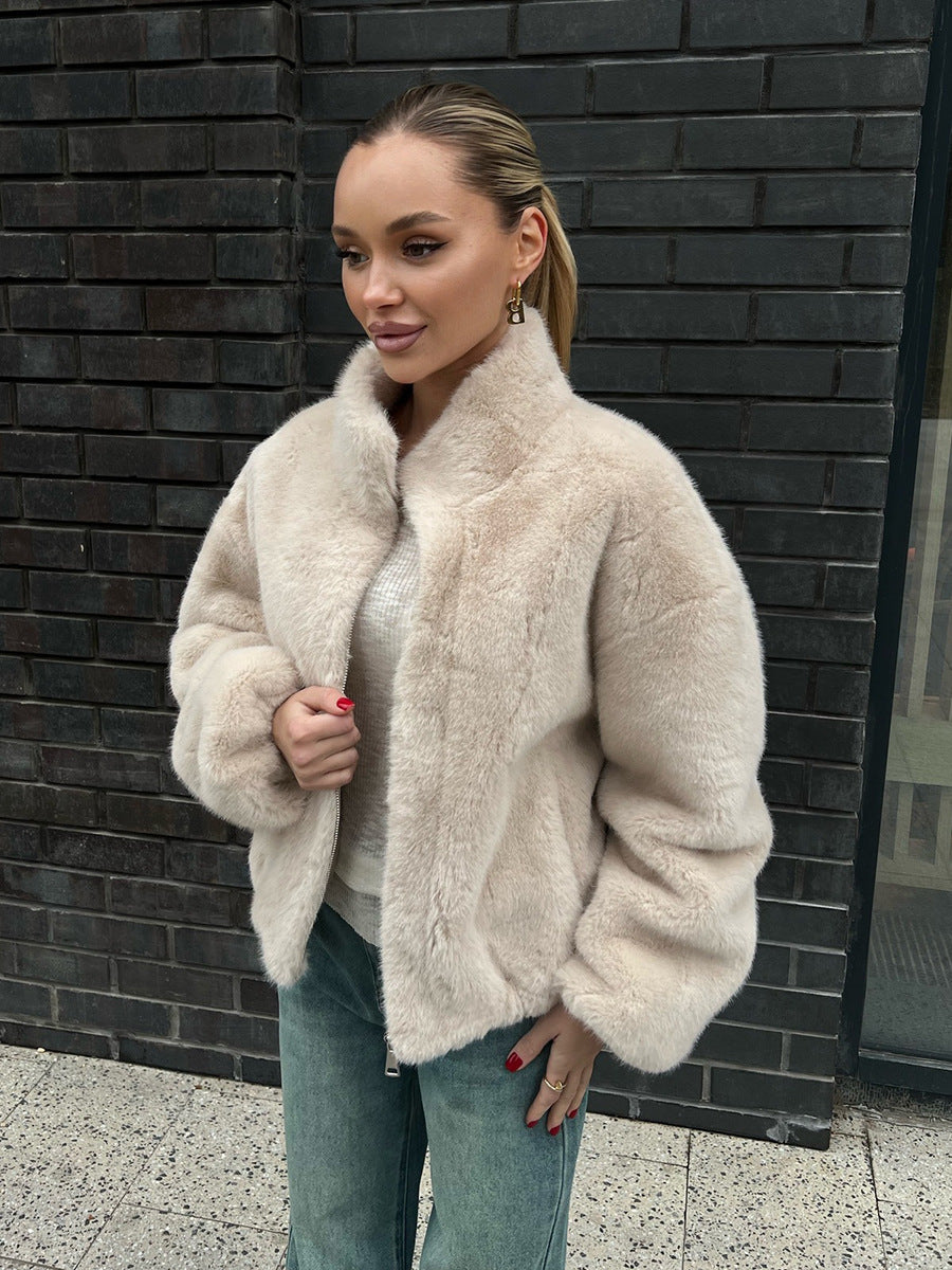Women's Stand Collar Plush Jacket with Zipper Casual Outerwear