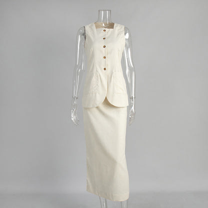 Casual Sleeveless Vest and High-Waisted Skirt Set
