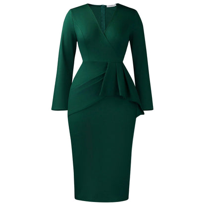 V-Neck Long Sleeve Bodycon Dress Solid Color Elegant Office Dress
