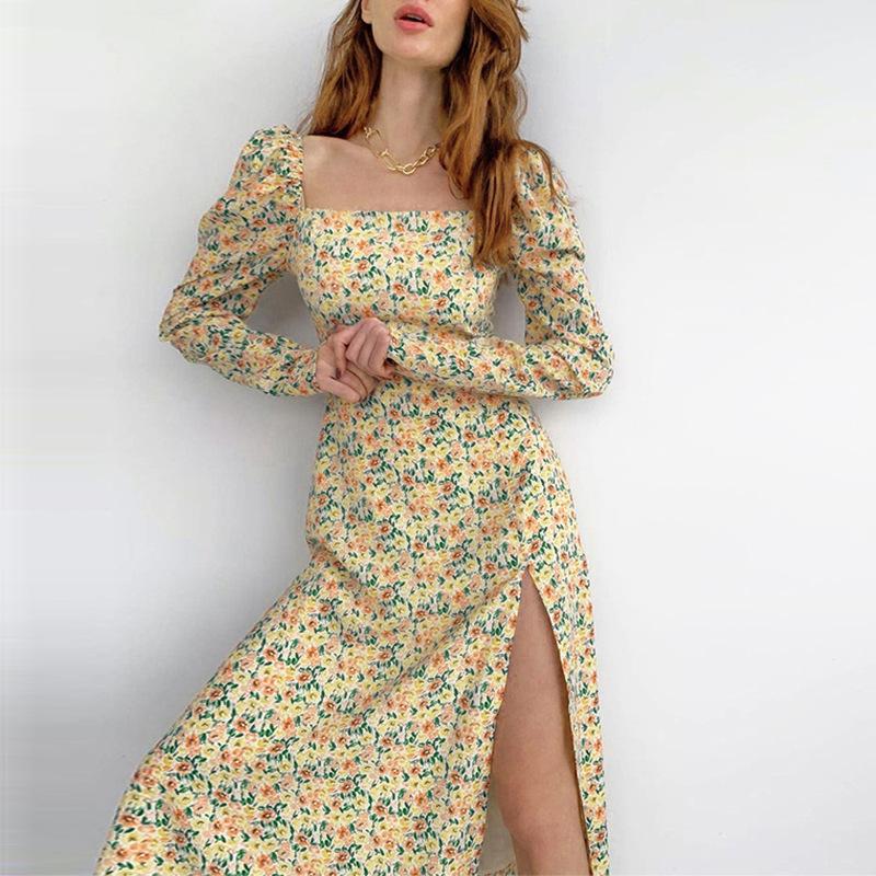 Bohemian Idyllic Little Floral Long Sleeve Split Dress Youth Sweet Little Daisy Print