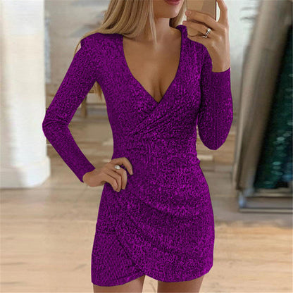 Sparkly V-Neck Bodycon Dress With Asymmetrical Hem