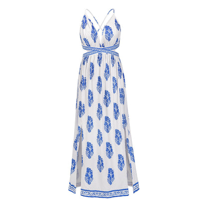 Sexy Vintage Print Slit Backless Lace-Up Dress Bohemian Beach Maxi Summer