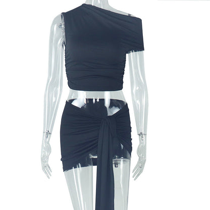 Casual Crop Top Tie Dress Set Sleeveless Solid Color Outfit