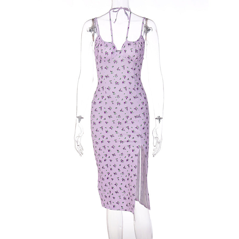 Floral Print Split Hem Sling Dress Comfortable Casual Wear