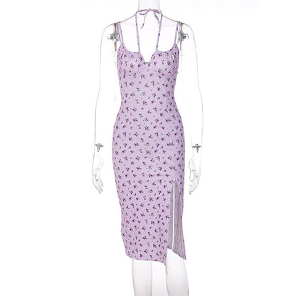 Floral Print Split Hem Sling Dress Comfortable Casual Wear