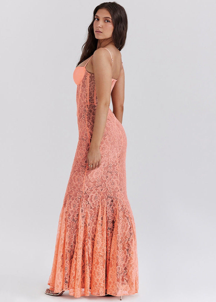 Sheer Lace Bustier Gown With Coral Hue