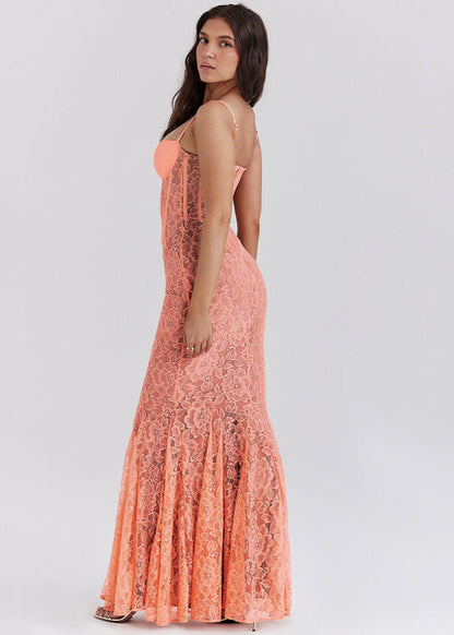 Sheer Lace Bustier Gown With Coral Hue