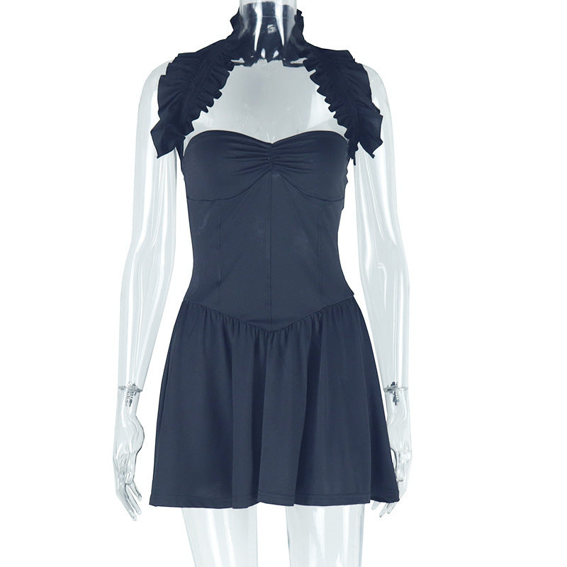 Solid Color Slim Fit Backless Pleated A-Line Dress