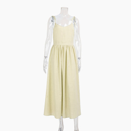 Cotton V-Neck Backless Dress Elegant Casual Maxi Dress
