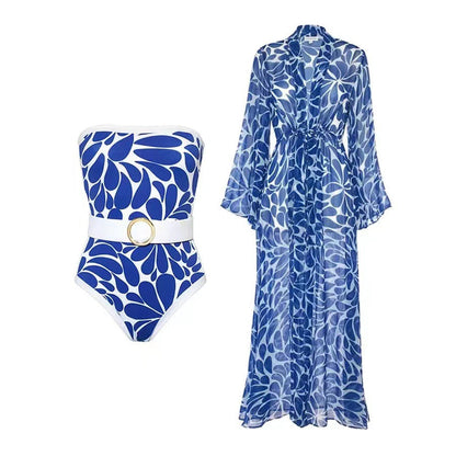 Vintage Print Strapless One Piece Swimwear with Cover