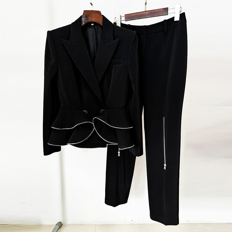 Ruffle Trim Blazer And Pants Set For Street Style