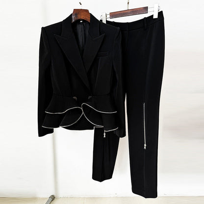 Ruffle Trim Blazer And Pants Set For Street Style