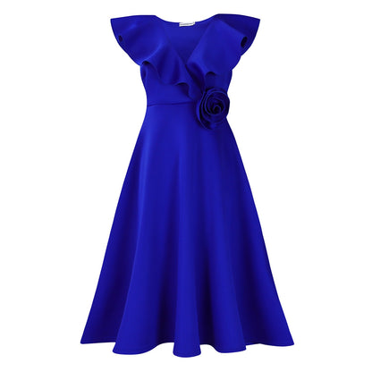 V-Neck Ruffle Floral Dress Elegant Evening Gown