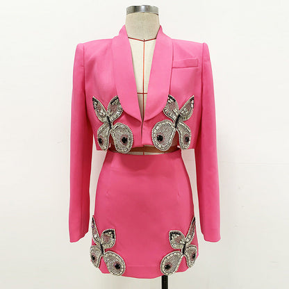 Beaded Butterfly Short Suit Skirt Set
