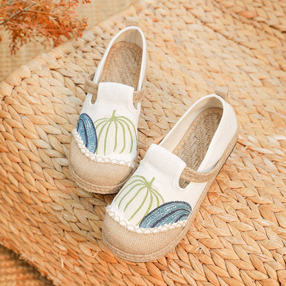 Minimalist Color Matching Ethnic Embroidered Women'S Cloth Shoes With Shallow Mouth, Lazy Kick, Comfortable Knitted Sole