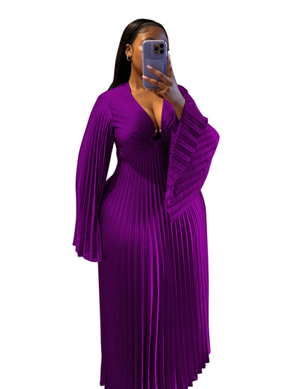 Elegant Solid V-Neck Long Sleeve Dress For Women