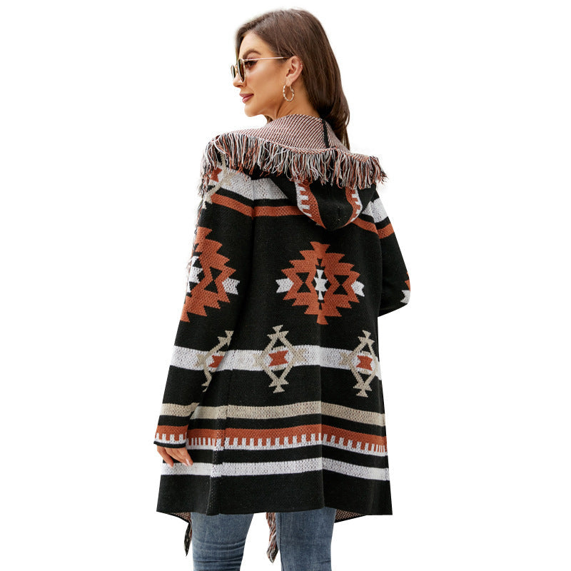 Autumn And Winter Loose Hooded Long Sweater Coat Tassel Geometric Jacquard Sweater Cardigan