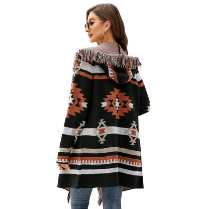 Autumn And Winter Loose Hooded Long Sweater Coat Tassel Geometric Jacquard Sweater Cardigan