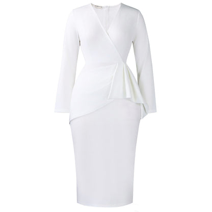 V-Neck Long Sleeve Bodycon Dress Solid Color Elegant Office Dress