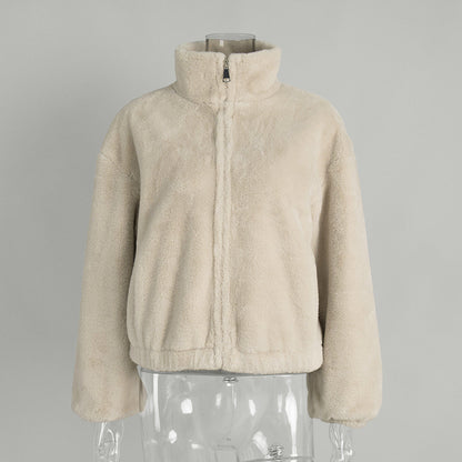 Women's Stand Collar Plush Jacket with Zipper Casual Outerwear