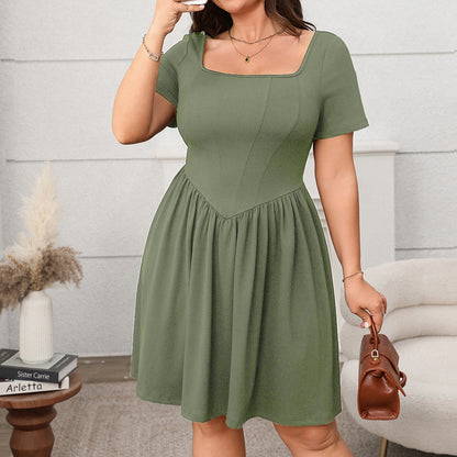 Elegant Plus Size Solid Color Short Sleeve Square Neck Dress