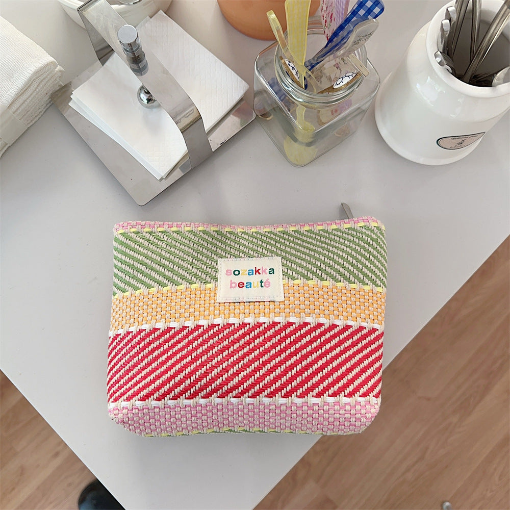 Color Block Striped Large Capacity Make Up Bag