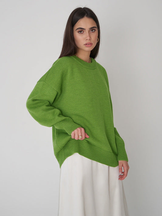 Classic Round Neck Sweater Solid Color Knit Top Casual Elegance