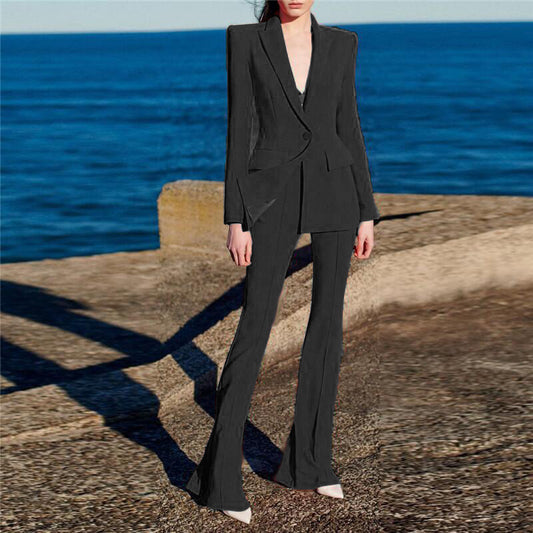 Chic One-Button Blazer And Flare Pants Set