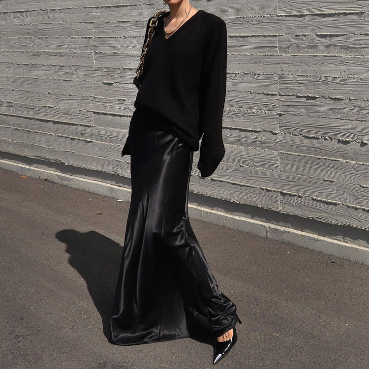 Elegant High-Waisted Satin Bodycon Midi Skirt