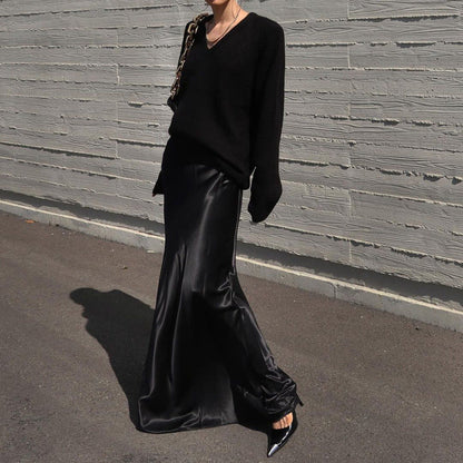 Elegant High-Waisted Satin Bodycon Midi Skirt